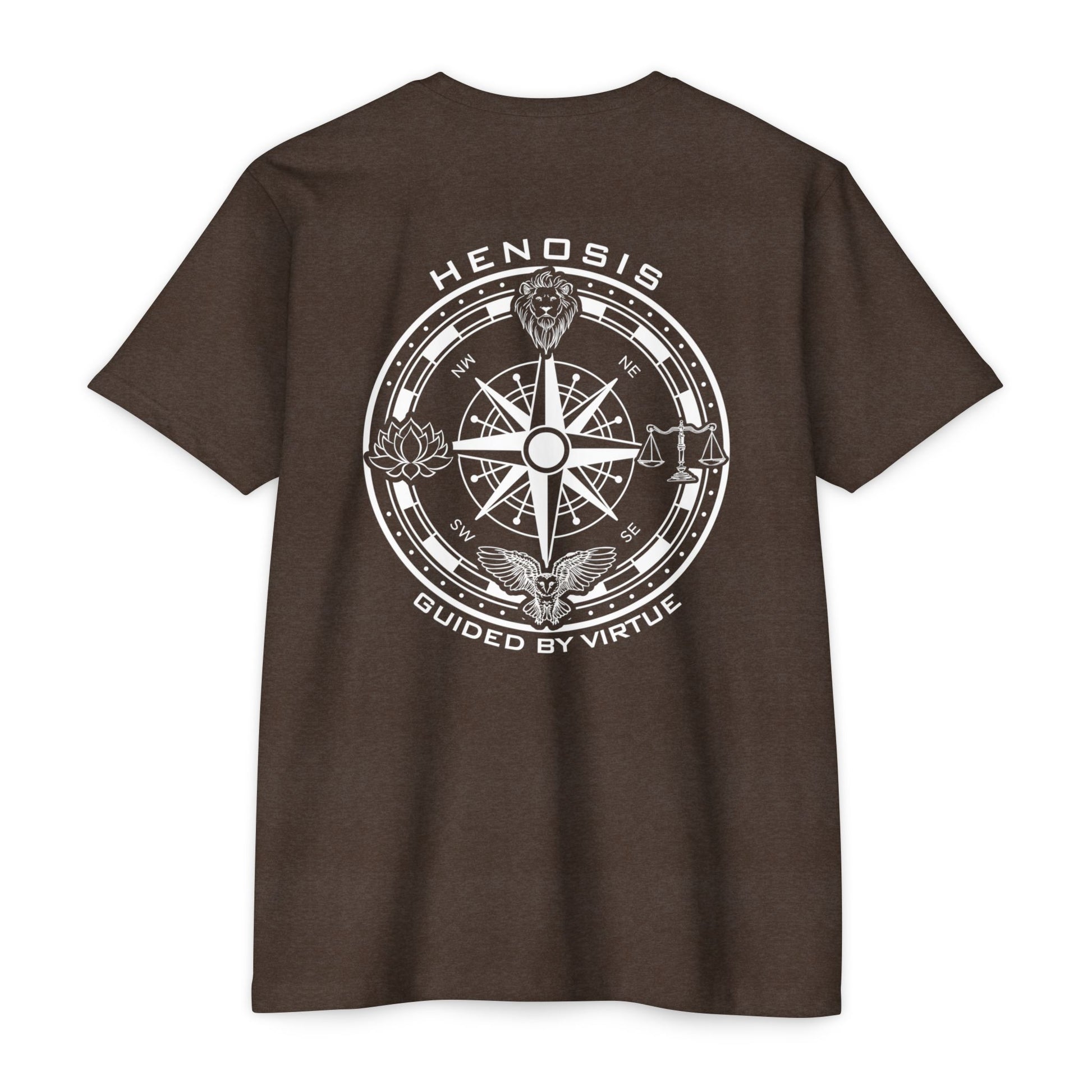 Expresso t-shirt with a compass design and text on the back, on a white background - Henosis Apparel virtue-based clothing