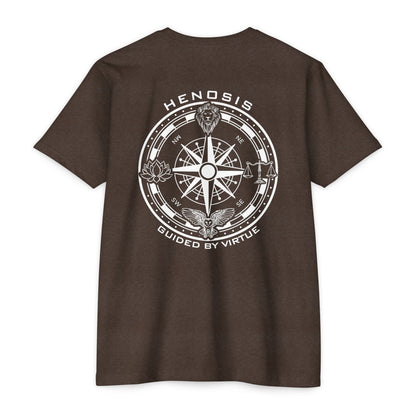 Expresso t-shirt with a compass design and text on the back, on a white background - Henosis Apparel virtue-based clothing