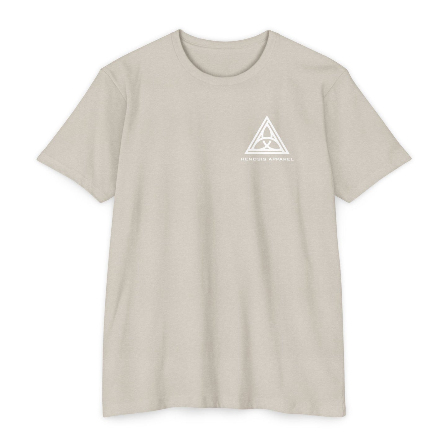 Sand t-shirt with a white triangle logo on a white background - Henosis Apparel virtue-based clothing