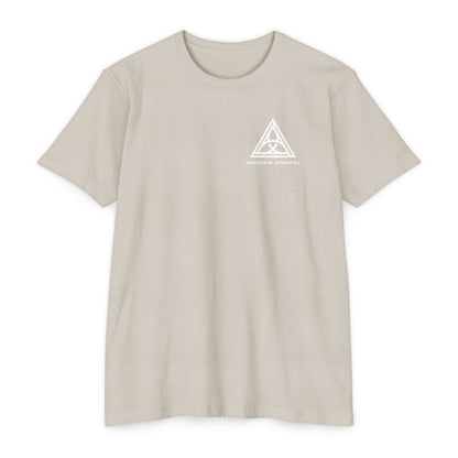 Sand t-shirt with a white triangle logo on a white background - Henosis Apparel virtue-based clothing