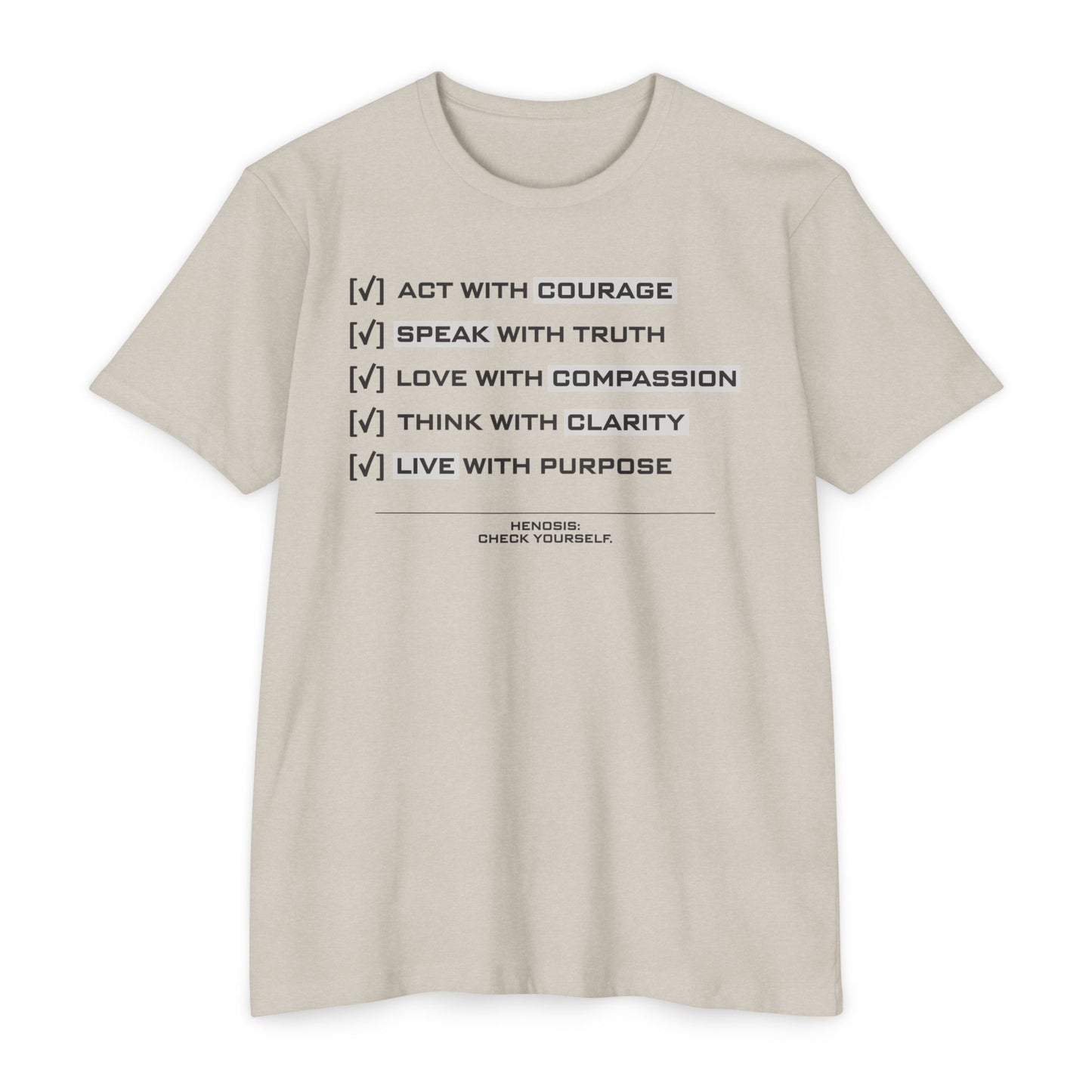 Henosis Check Yourself virtue checklist t-shirt, Bella 3001, CVC sand, front