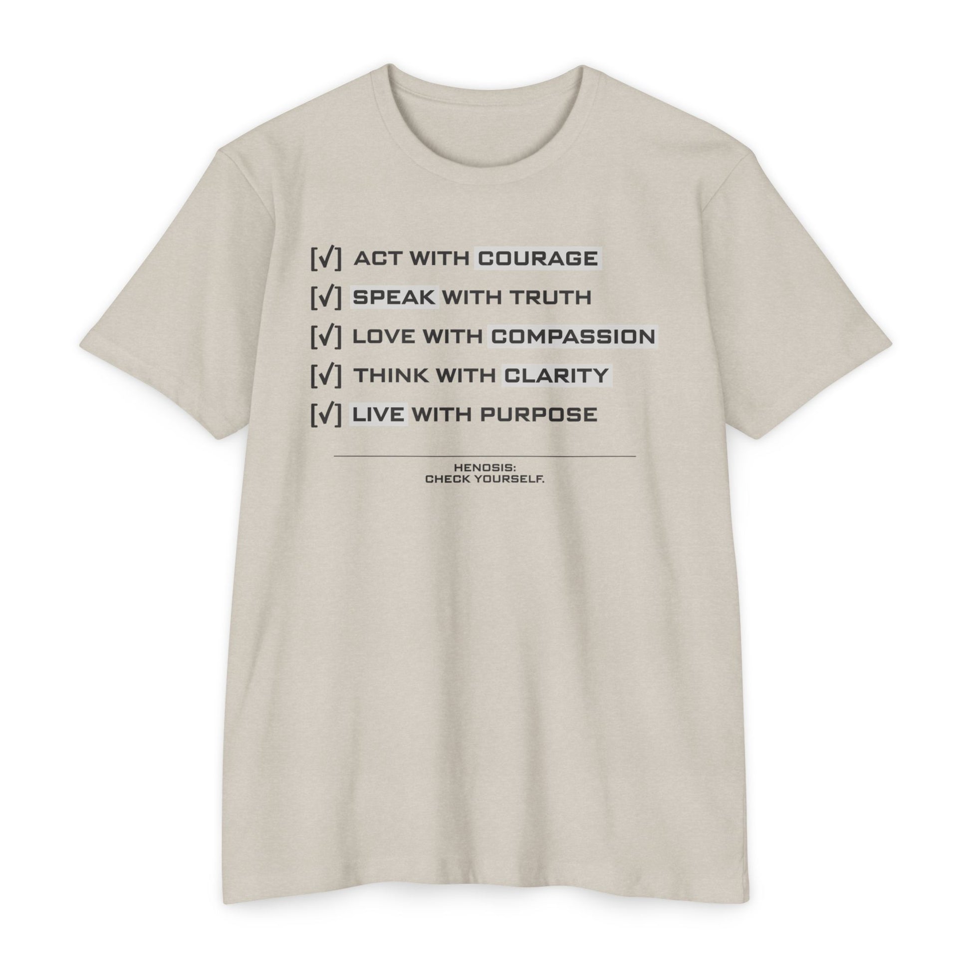 Henosis Check Yourself virtue checklist t-shirt, Bella 3001, CVC sand, front