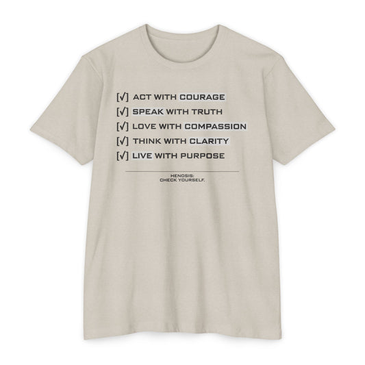 Henosis Check Yourself virtue checklist t-shirt, Bella 3001, CVC sand, front