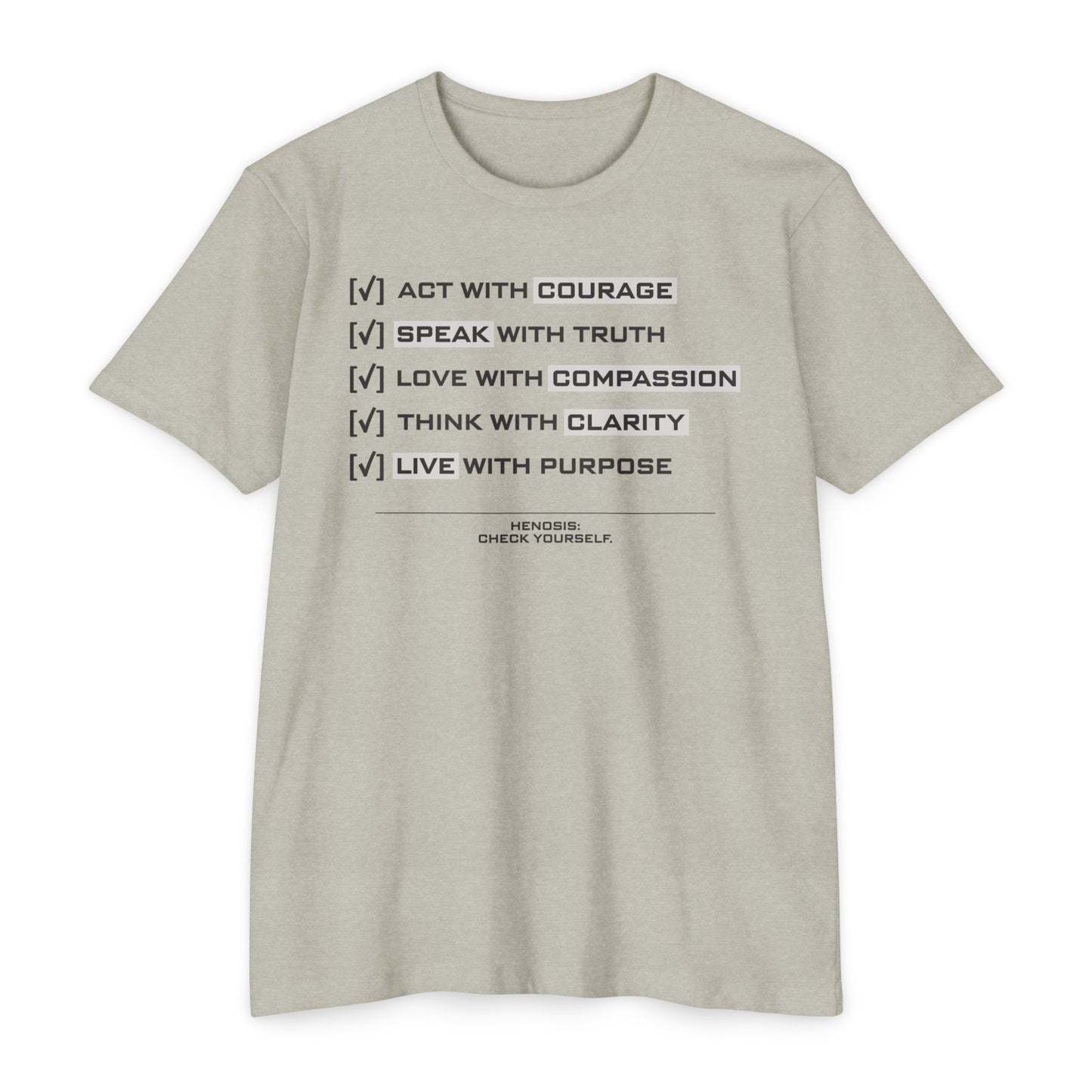 Henosis Check Yourself virtue checklist t-shirt, Bella 3001, CVS silk, front