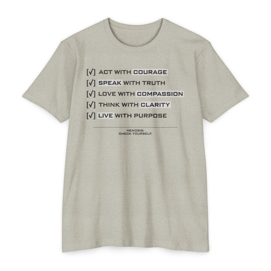 Henosis Check Yourself virtue checklist t-shirt, Bella 3001, CVS silk, front