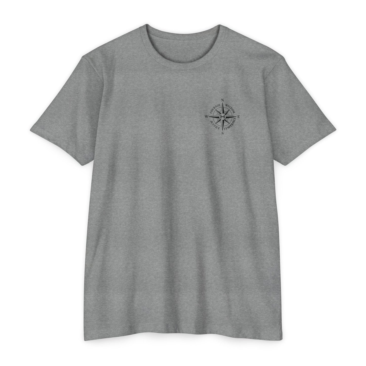 Dark Heather Gray t-shirt with a compass design on a white background - Henosis Apparel virtue-based clothing