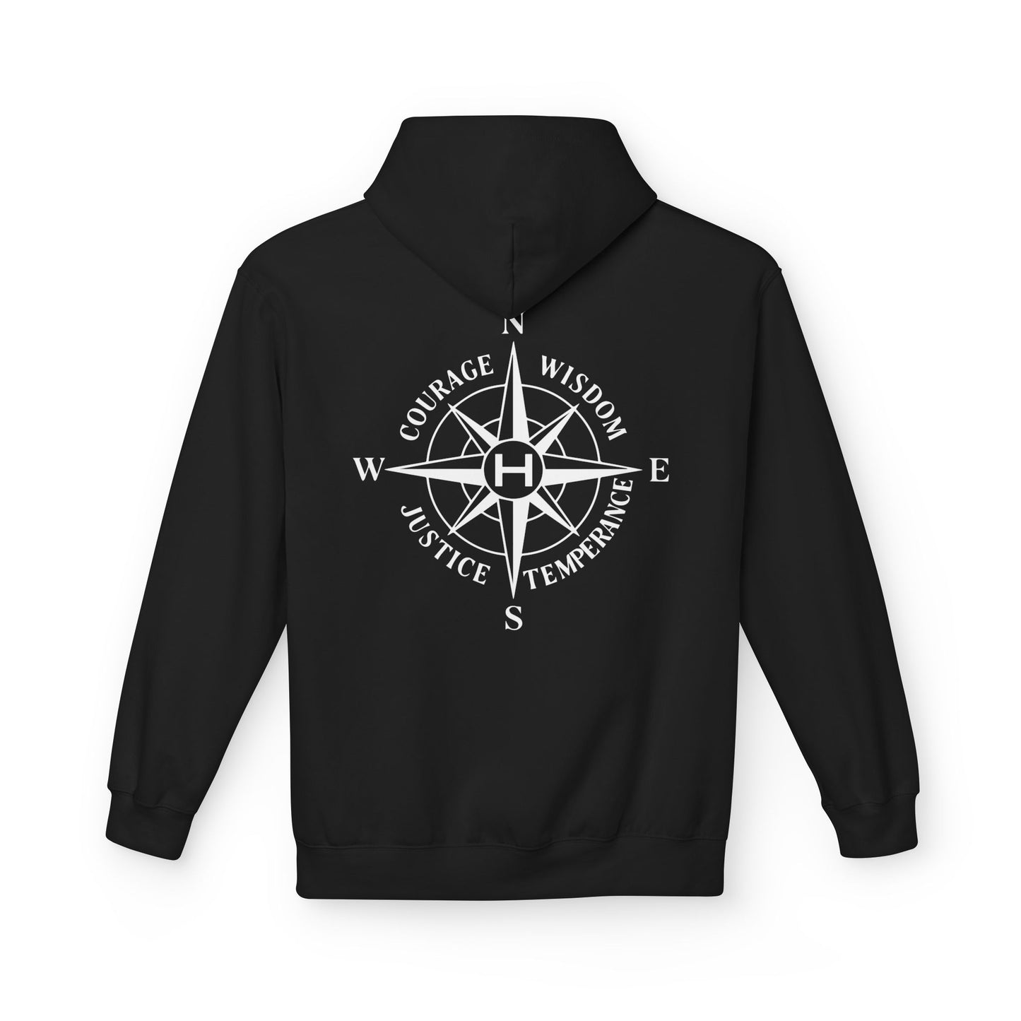Black hoodie with a compass design and text on the back against a white background - Henosis Apparel virtue-based clothing