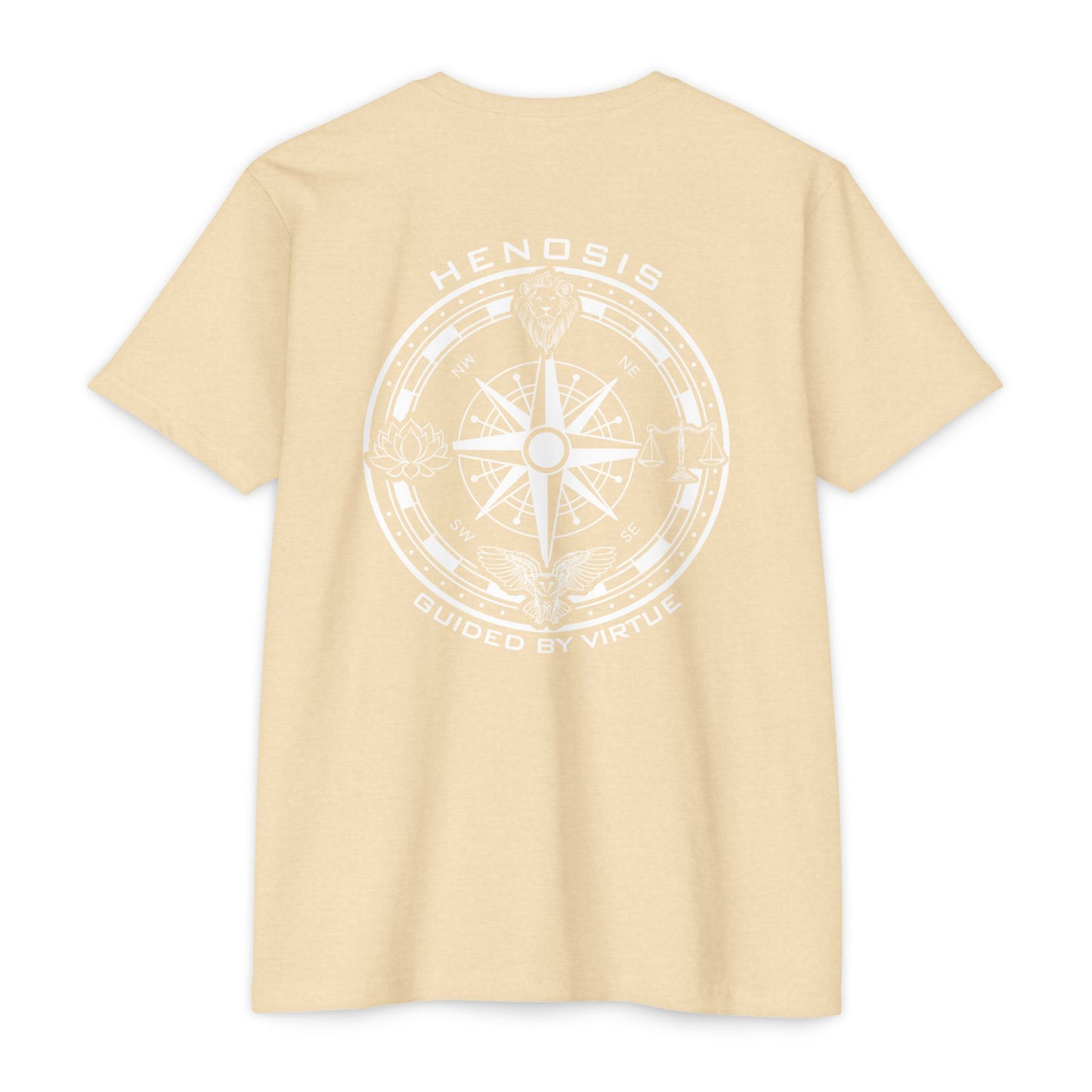 Cream t-shirt with a compass design and text on the back against a white background - Henosis Apparel virtue-based clothing