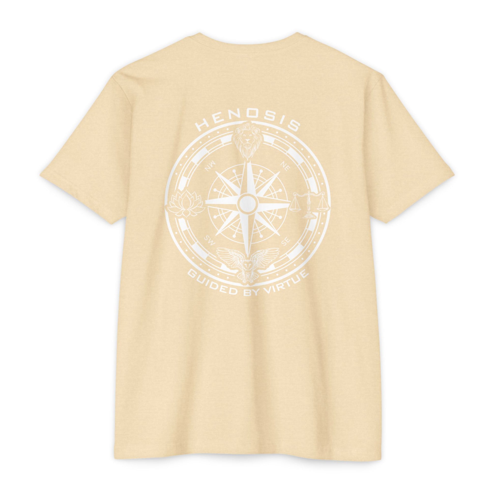 Cream t-shirt with a compass design and text on the back against a white background - Henosis Apparel virtue-based clothing