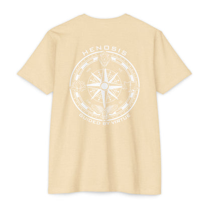 Cream t-shirt with a compass design and text on the back against a white background - Henosis Apparel virtue-based clothing