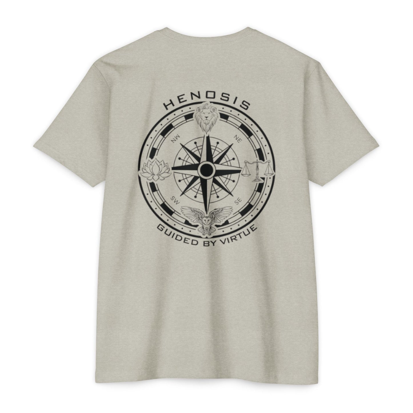 Silk t-shirt with a compass design and text on the back against a white background - Henosis Apparel virtue-based clothing