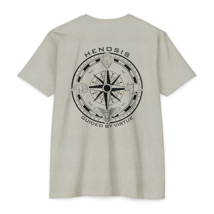 Silk t-shirt with a compass design and text on the back against a white background - Henosis Apparel virtue-based clothing