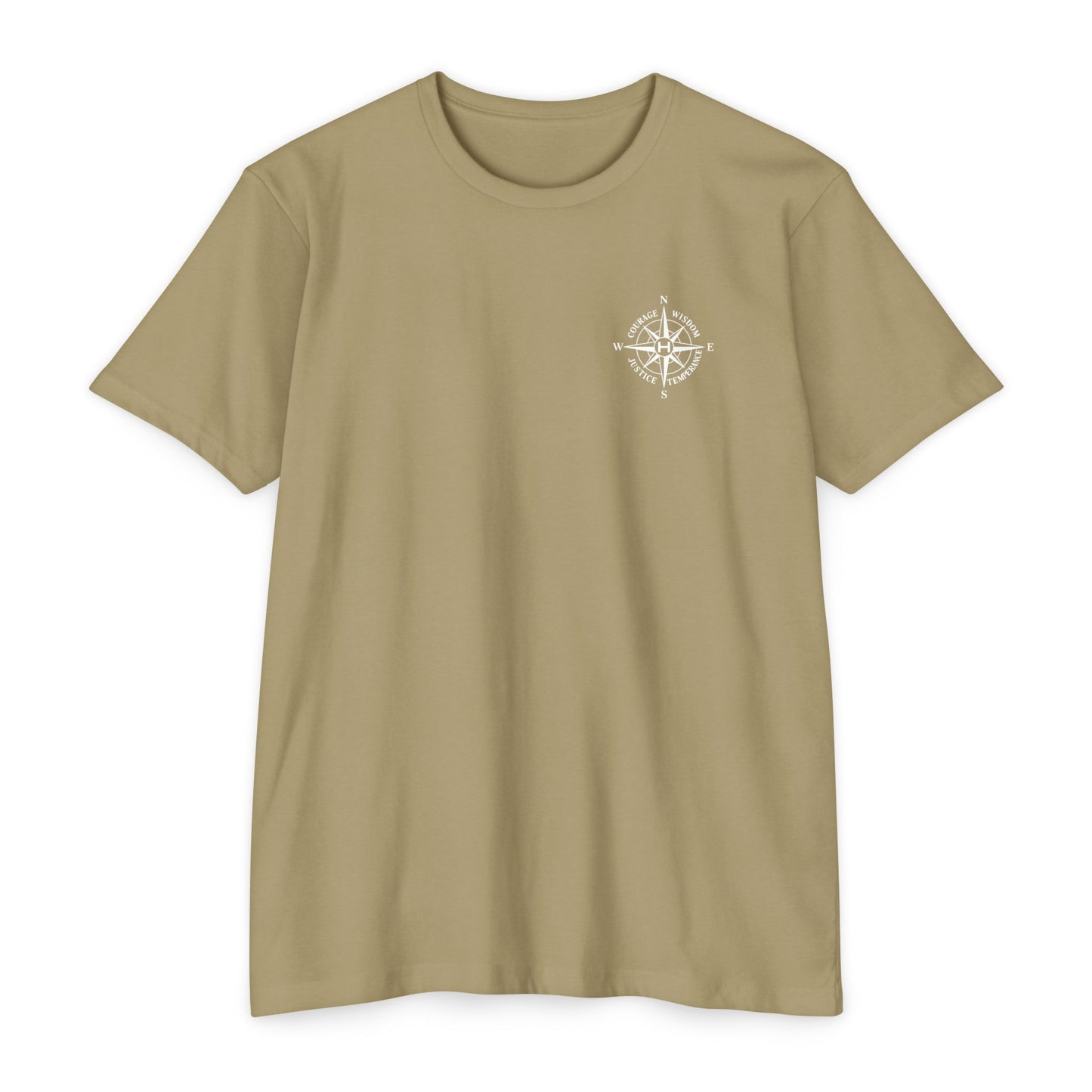 Light Olive t-shirt with a white compass design on a white background - Henosis Apparel virtue-based clothing