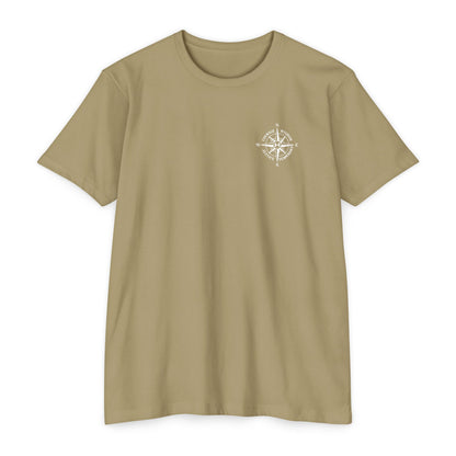 Light Olive t-shirt with a white compass design on a white background - Henosis Apparel virtue-based clothing