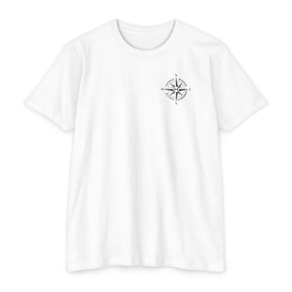 White t-shirt with compass logo on a white background - Henosis Apparel virtue-based clothing