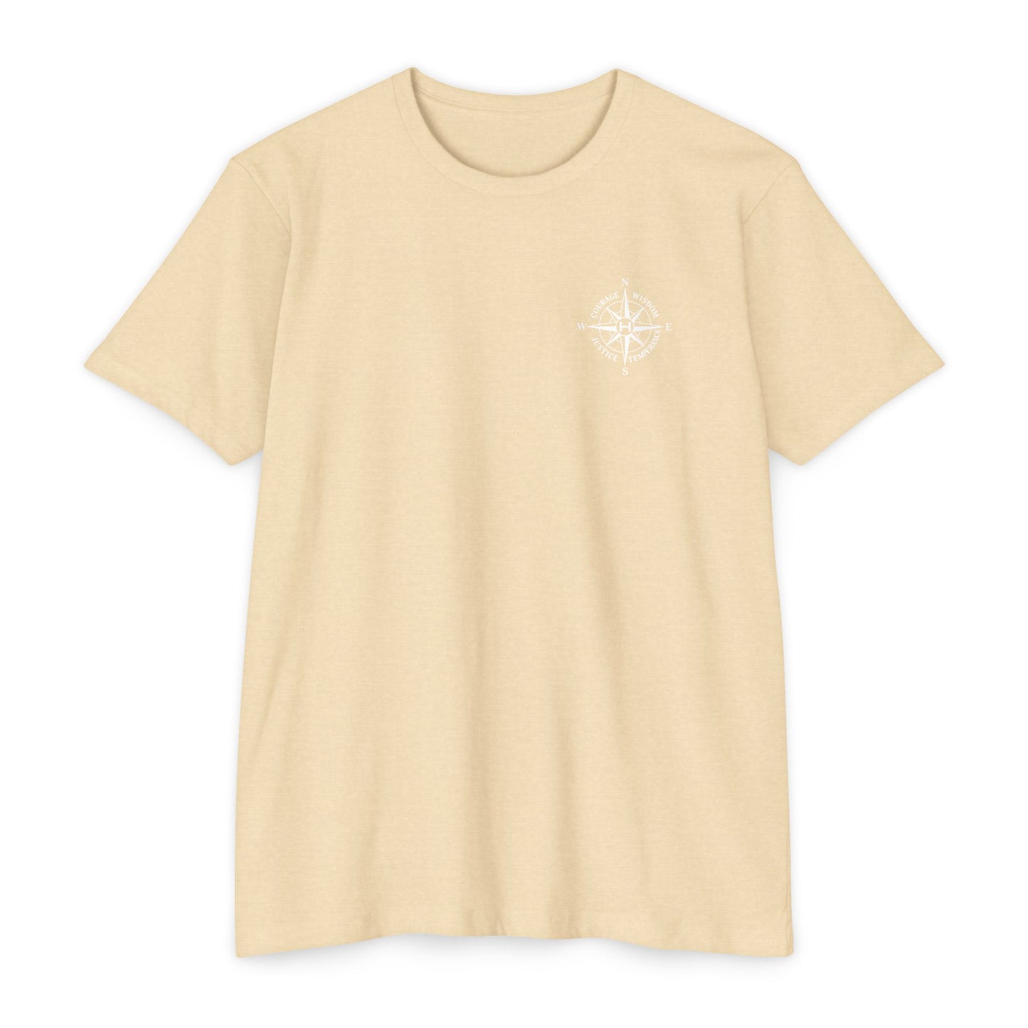 Cream t-shirt with a small white logo on a white background - Henosis Apparel virtue-based clothing