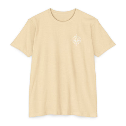 Cream t-shirt with a small white logo on a white background - Henosis Apparel virtue-based clothing