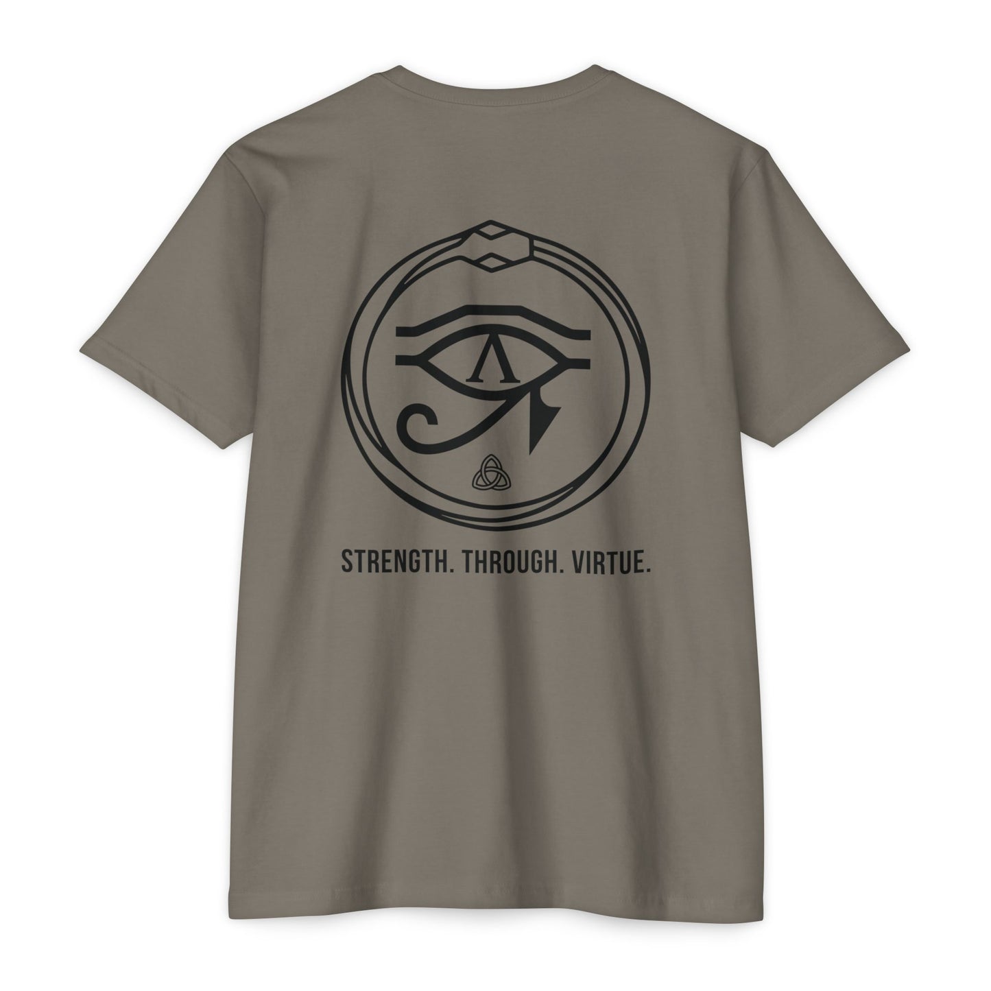 Warm Gray t-shirt with black renewal symbol and text on a white background - Henosis Apparel virtue-based clothing