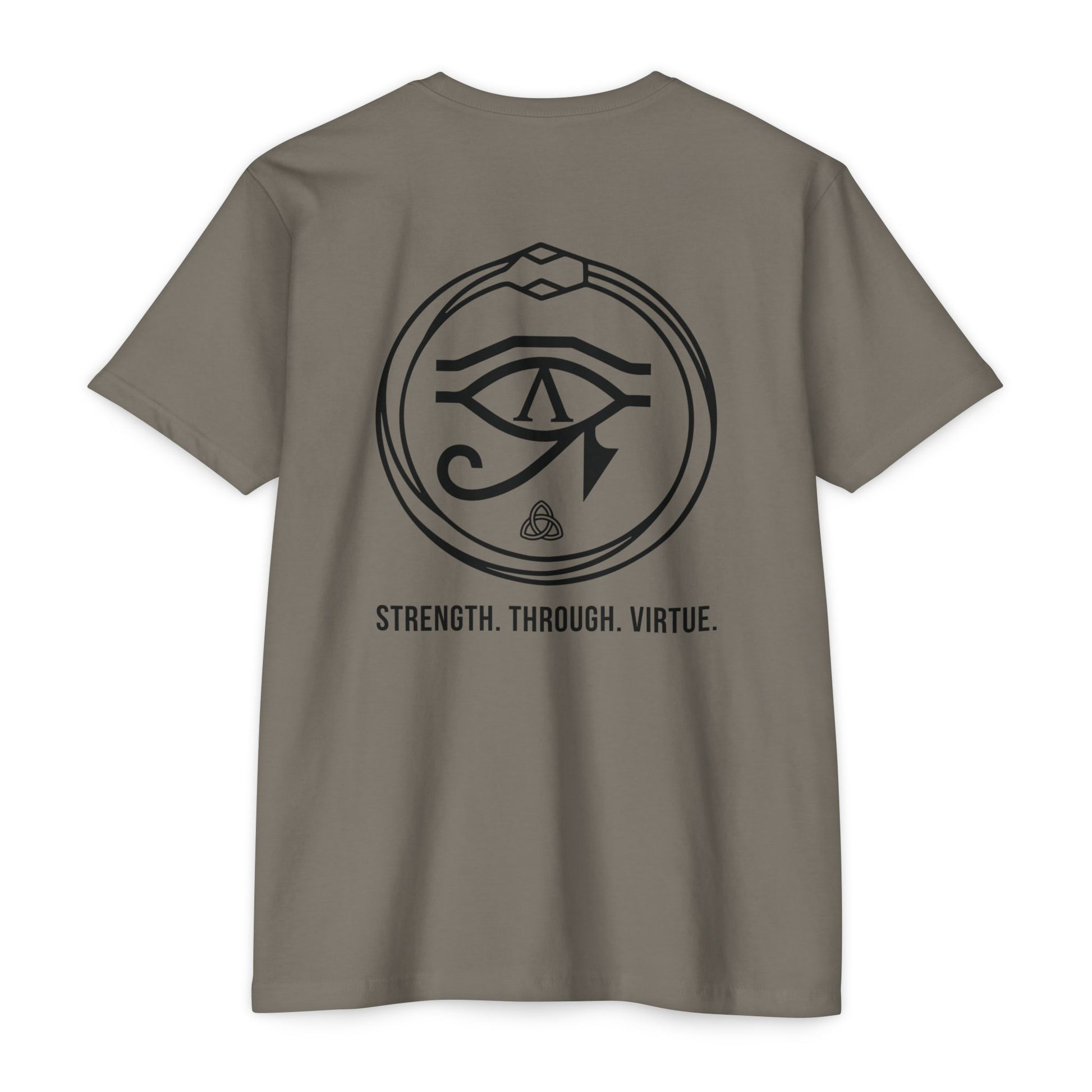 Warm Gray t-shirt with black renewal symbol and text on a white background - Henosis Apparel virtue-based clothing