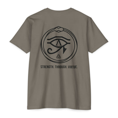Warm Gray t-shirt with black renewal symbol and text on a white background - Henosis Apparel virtue-based clothing