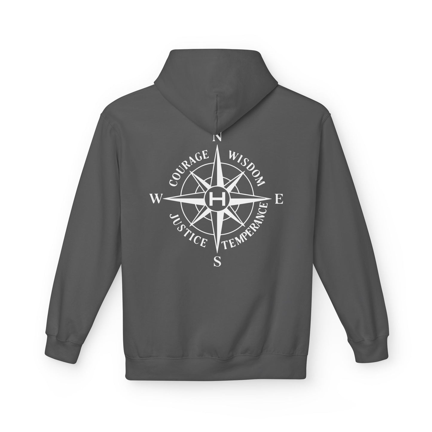 Charcoal Guided Purpose Hoodie — compass design and virtue text back | Athletic Pullover | Henosis Apparel