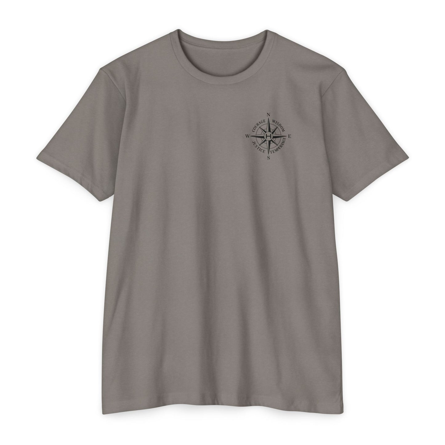 Stone Gray t-shirt with compass logo on a white background - Henosis Apparel virtue-based clothing