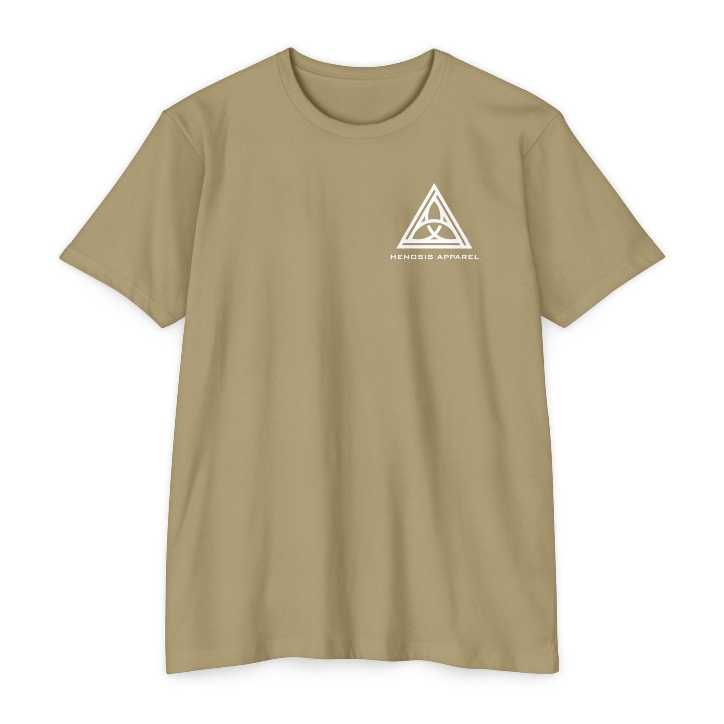 Light Olive t-shirt with 'Henosis Apparel' logo on a white background - Henosis Apparel virtue-based clothing