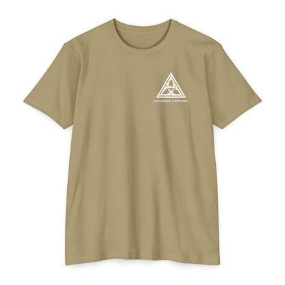 Light Olive t-shirt with 'Henosis Apparel' logo on a white background - Henosis Apparel virtue-based clothing