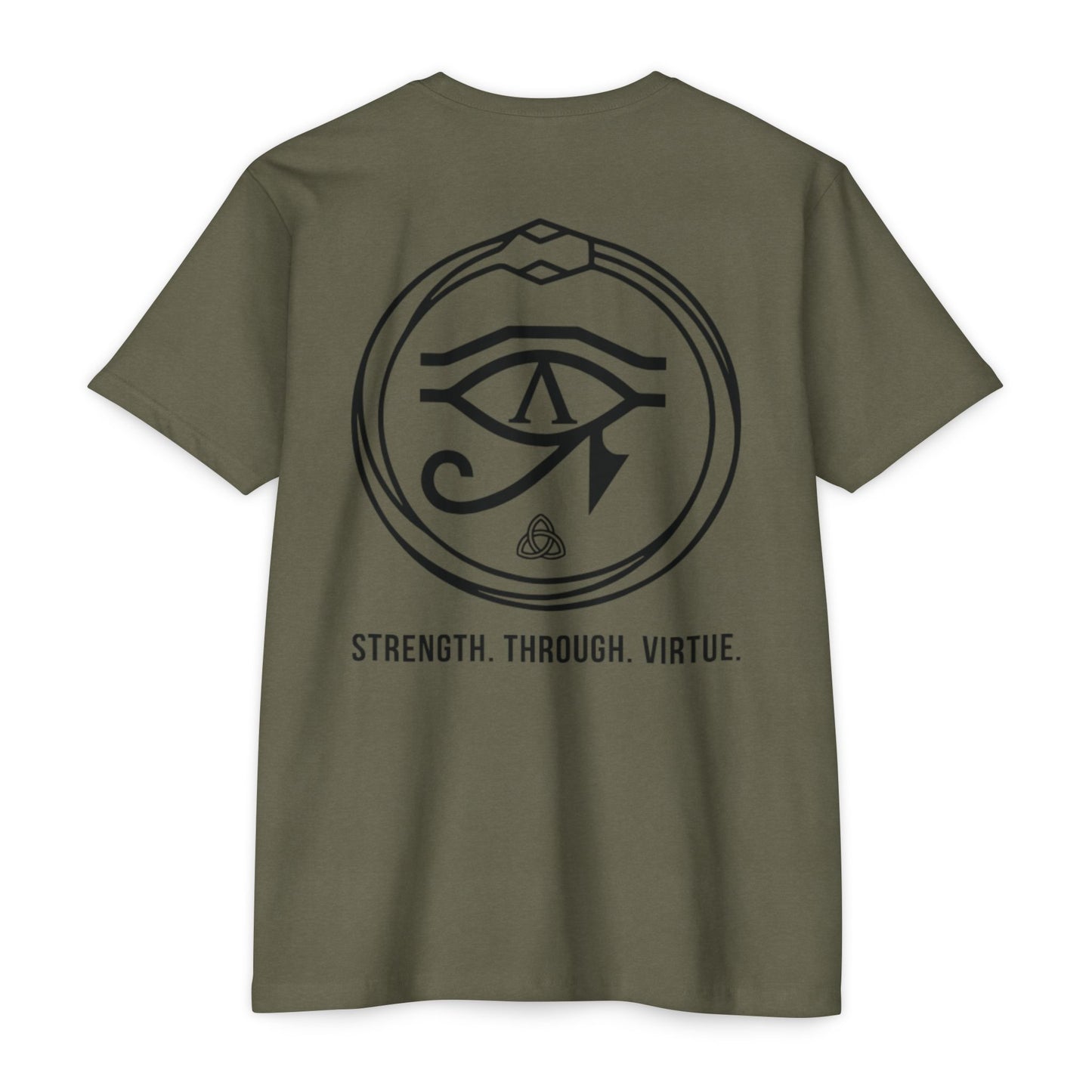 Military Green t-shirt with a black symbol and text on the back against a white background - Henosis Apparel virtue-based clothing