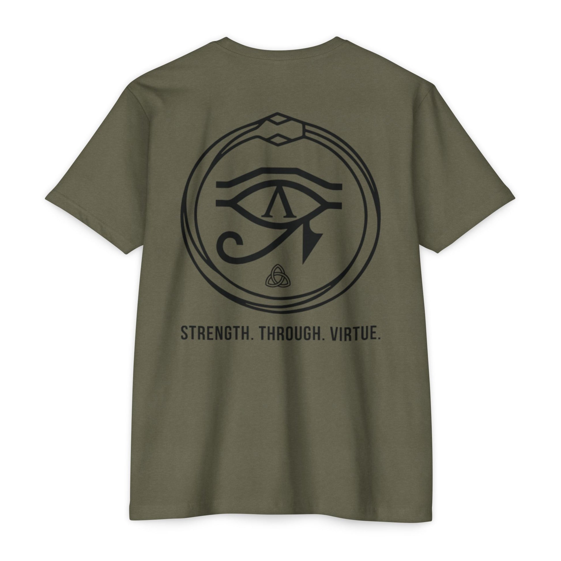 Military Green t-shirt with a black symbol and text on the back against a white background - Henosis Apparel virtue-based clothing