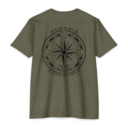 Military Green t-shirt with compass logo on a white background - Henosis Apparel virtue-based clothing
