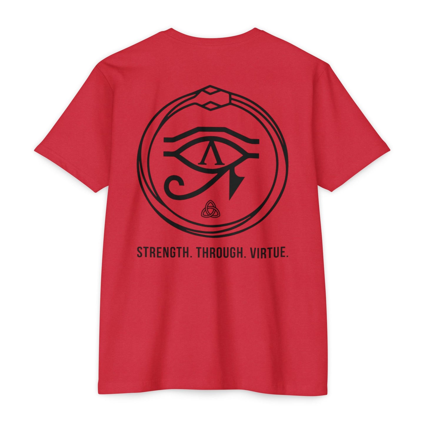 Red t-shirt with black eye symbol and text on the back against a white background - Henosis Apparel virtue-based clothing