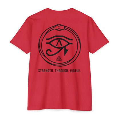 Red t-shirt with black eye symbol and text on the back against a white background - Henosis Apparel virtue-based clothing