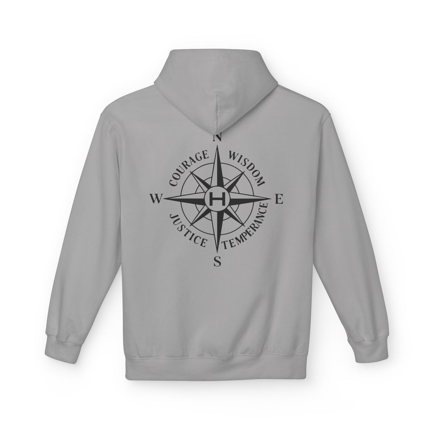 Cement hoodie with a compass design and text on the back against a white background - Henosis Apparel virtue-based clothing