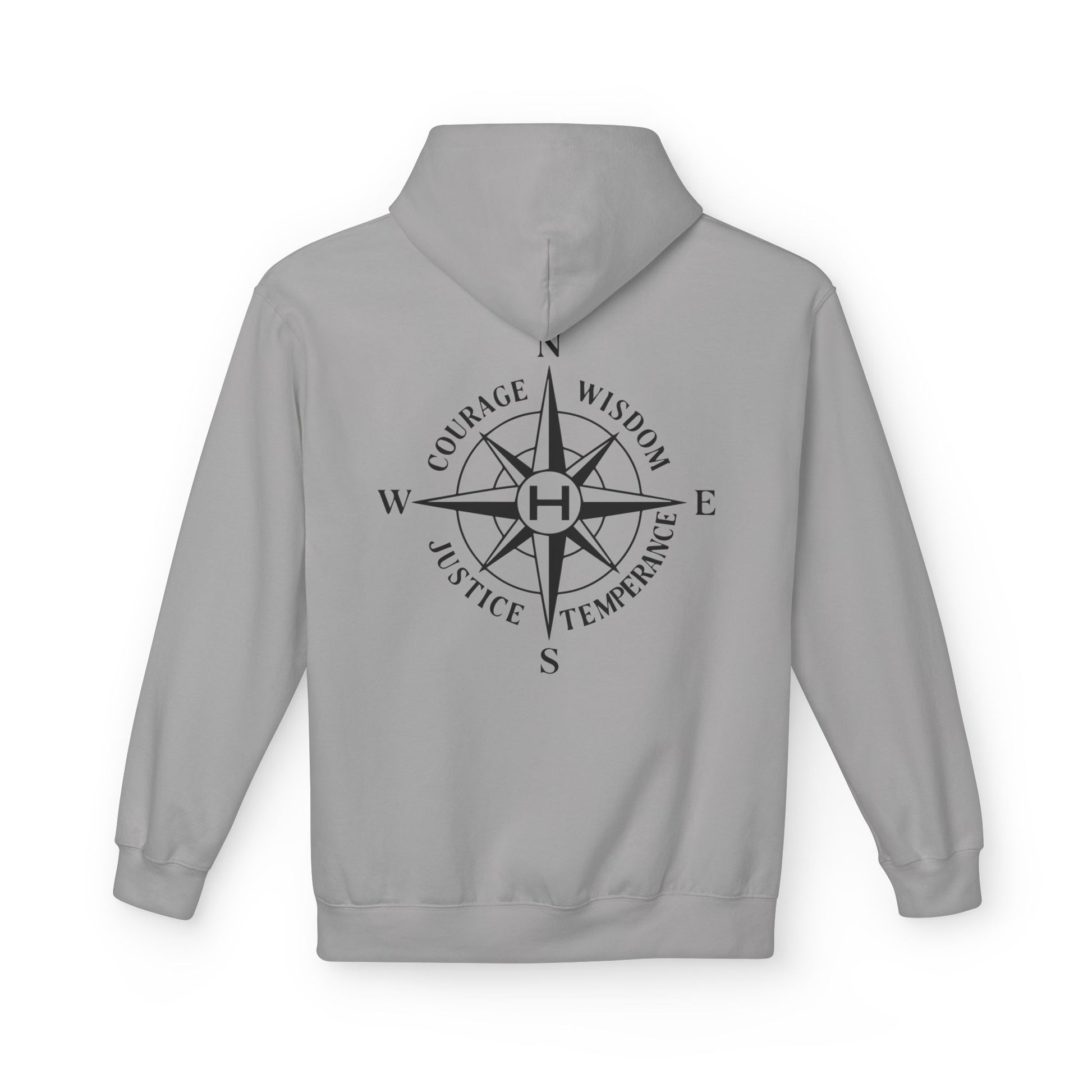 Cement hoodie with a compass design and text on the back against a white background - Henosis Apparel virtue-based clothing