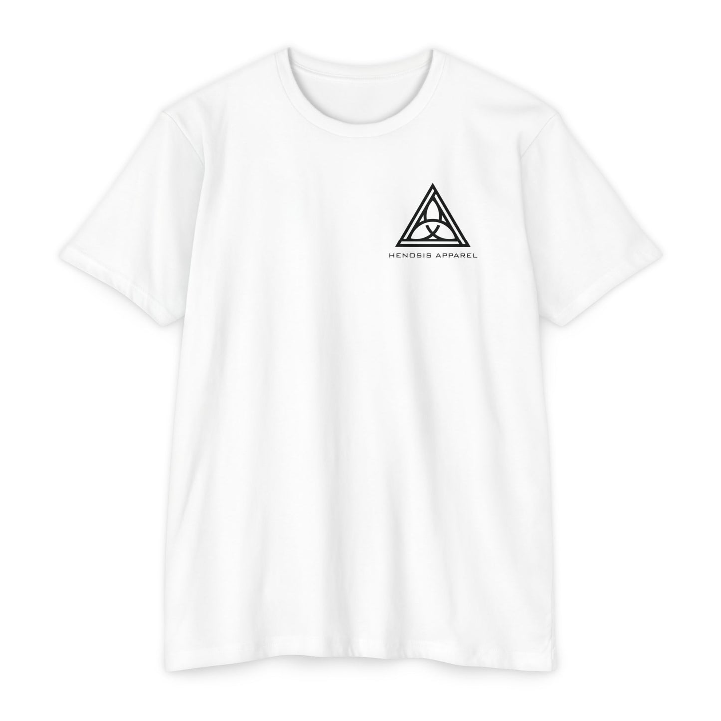 White t-shirt with 'Henosis Apparel' logo on a white background - Henosis Apparel virtue-based clothing