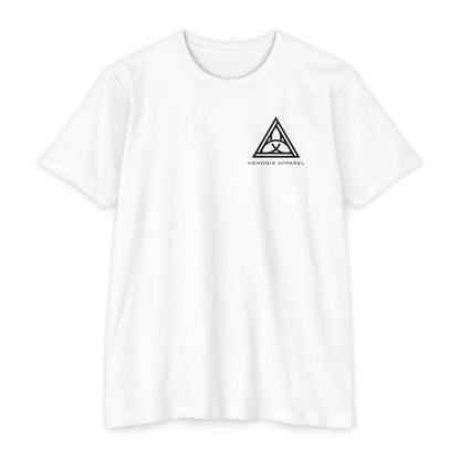 White t-shirt with 'Henosis Apparel' logo on a white background - Henosis Apparel virtue-based clothing