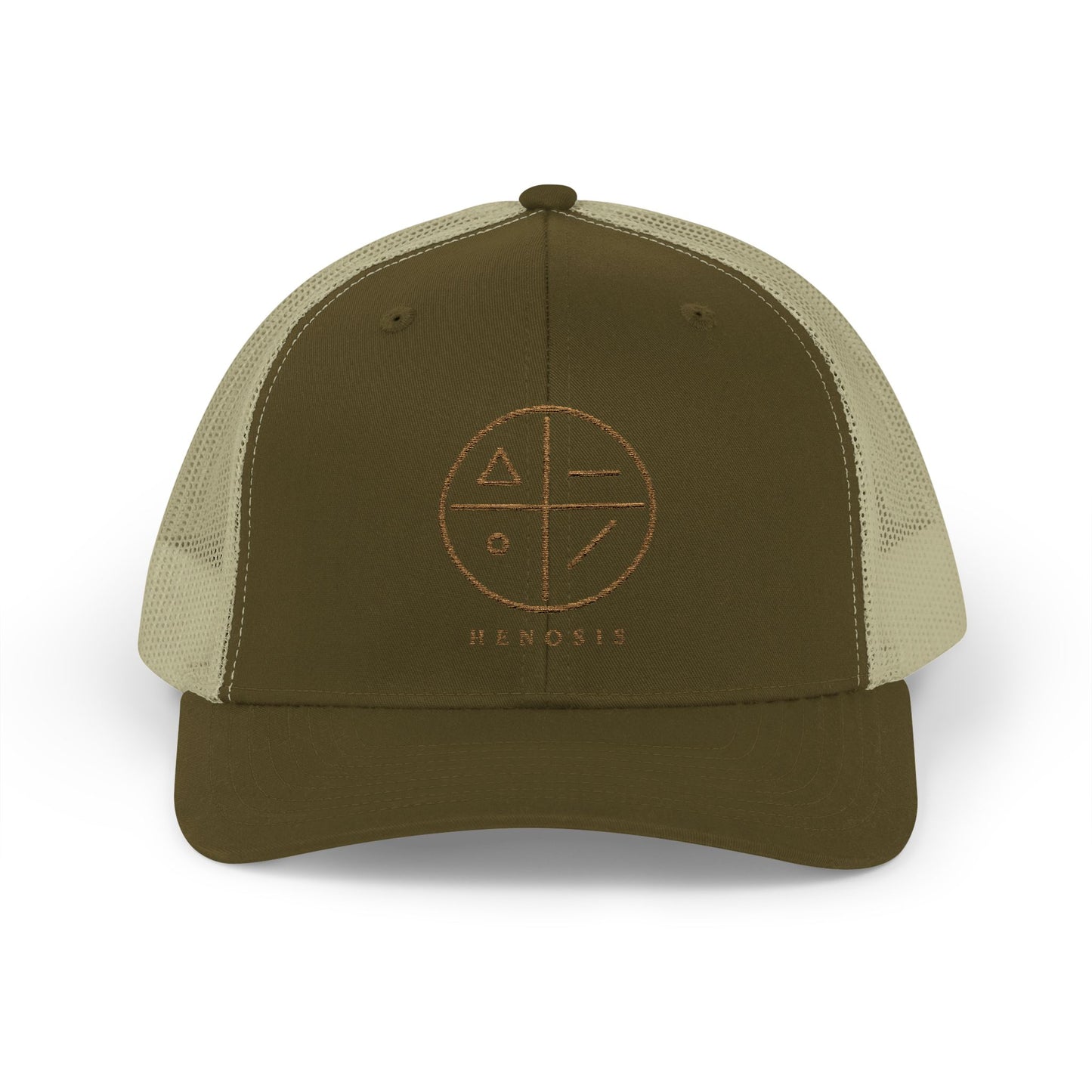 Moss/Khaki Virtue Mark Hat — virtue mark logo front view | Snapback Hat | Henosis Apparel