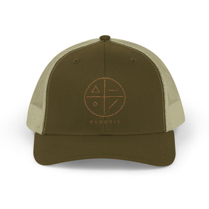 Moss/Khaki Virtue Mark Hat — virtue mark logo front view | Snapback Hat | Henosis Apparel