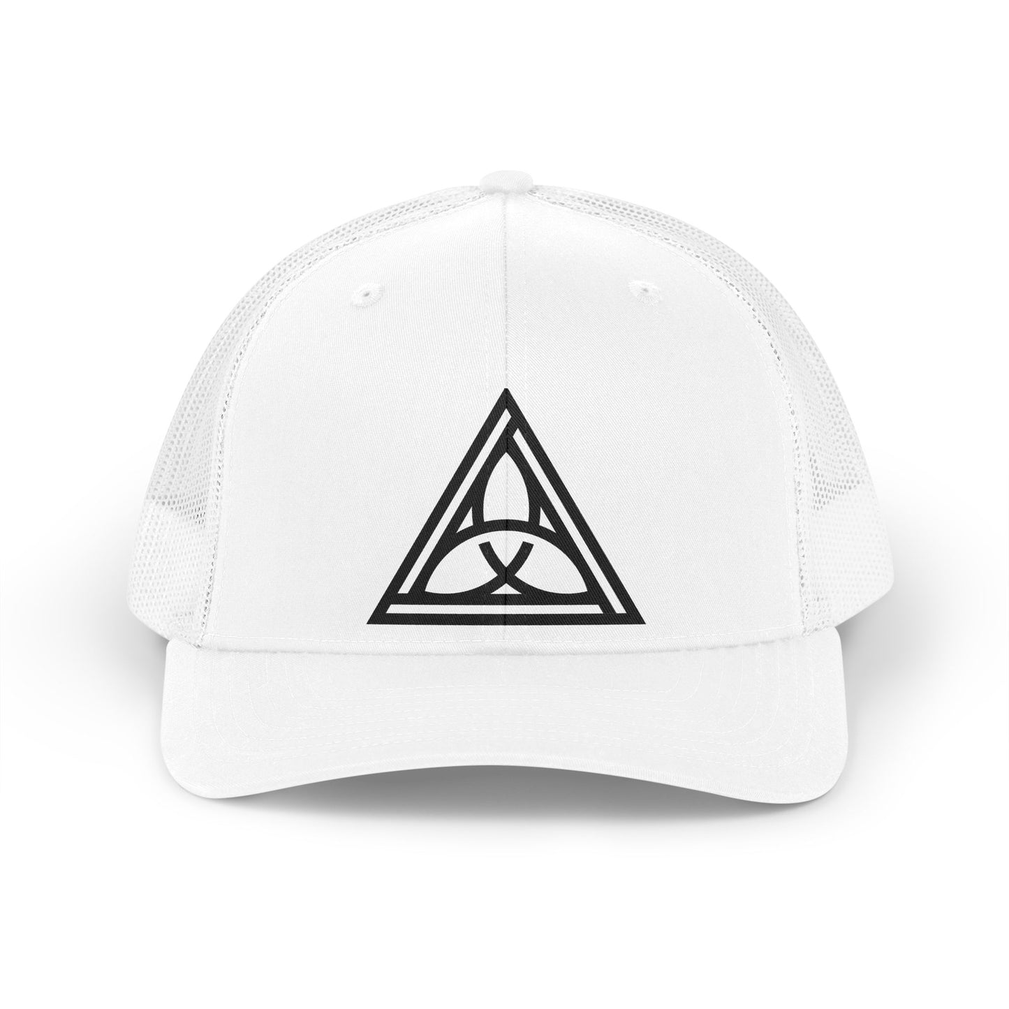 White cap with a black geometric symbol on a white background - Henosis Apparel virtue-based clothing