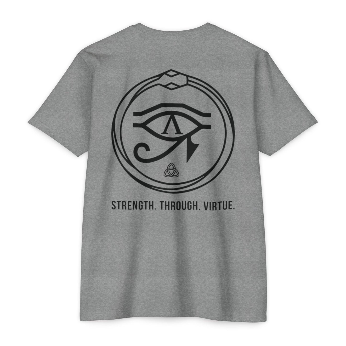 Dark Heather Gray t-shirt with a black symbol and text on the back against a white background - Henosis Apparel virtue-based clothing