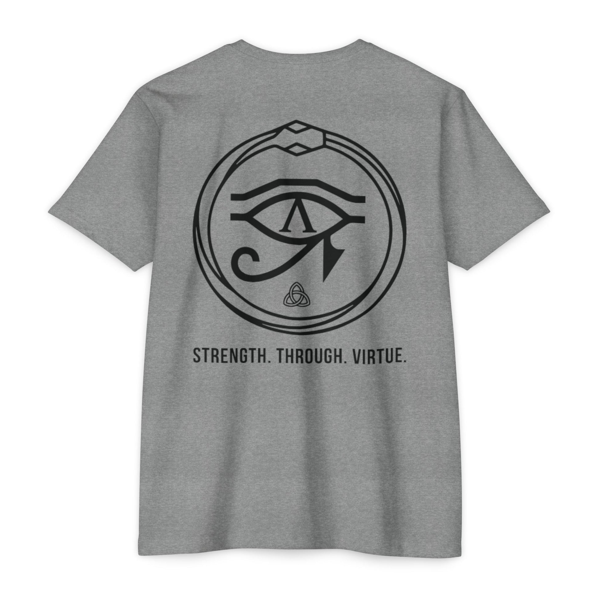 Dark Heather Gray t-shirt with a black symbol and text on the back against a white background - Henosis Apparel virtue-based clothing