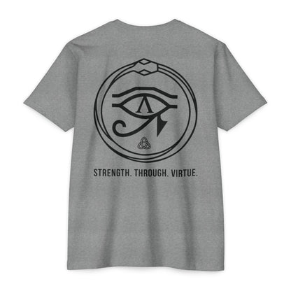 Dark Heather Gray t-shirt with a black symbol and text on the back against a white background - Henosis Apparel virtue-based clothing