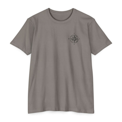 Stone Gray t-shirt with a compass design on a white background - Henosis Apparel virtue-based clothing