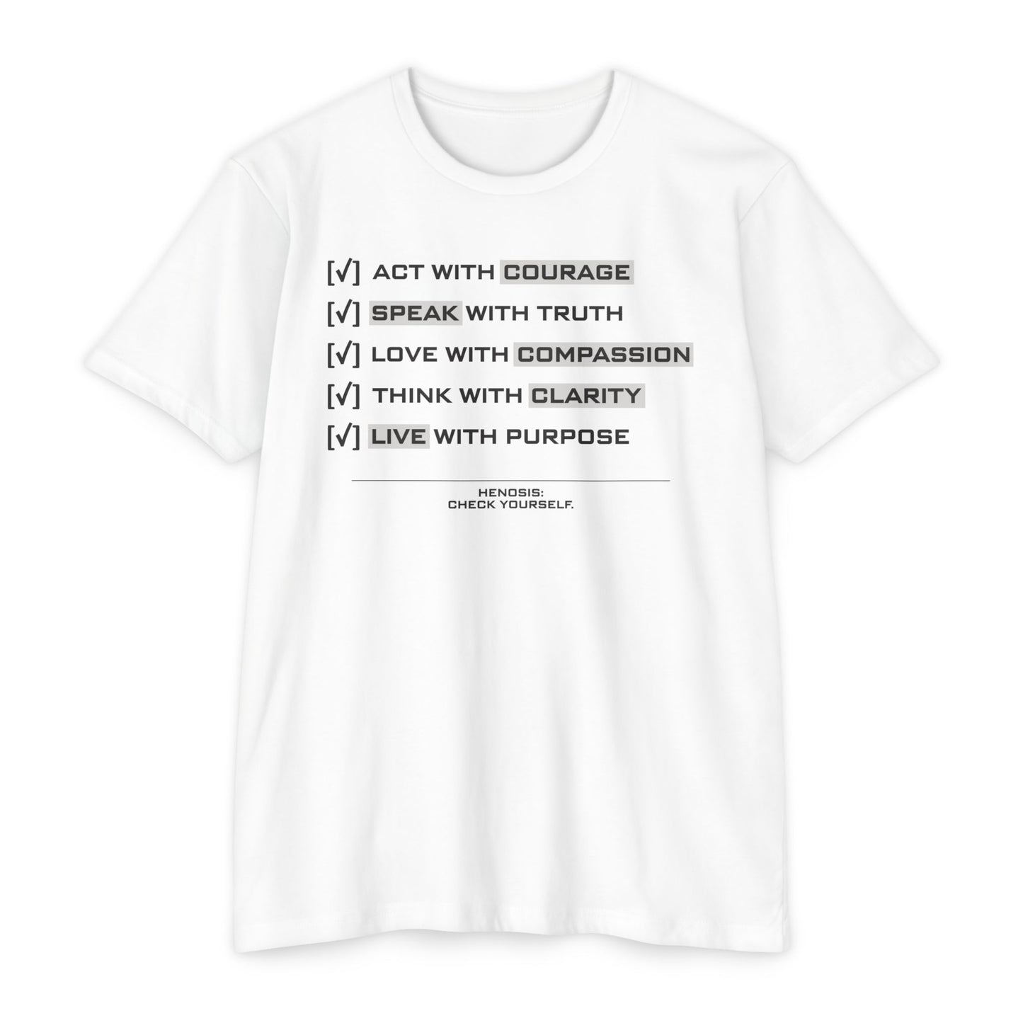 Henosis Check Yourself virtue checklist t-shirt, Bella 3001, CVC white, front