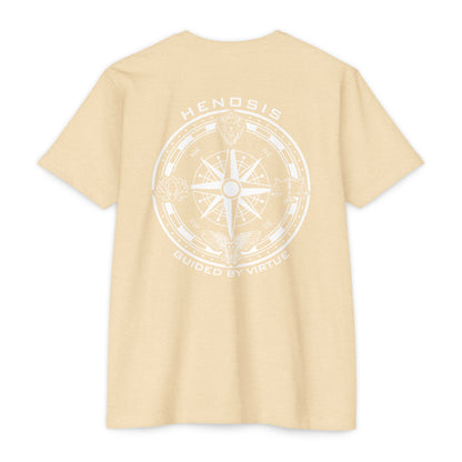 Cream t-shirt with compass logo on a white background - Henosis Apparel virtue-based clothing