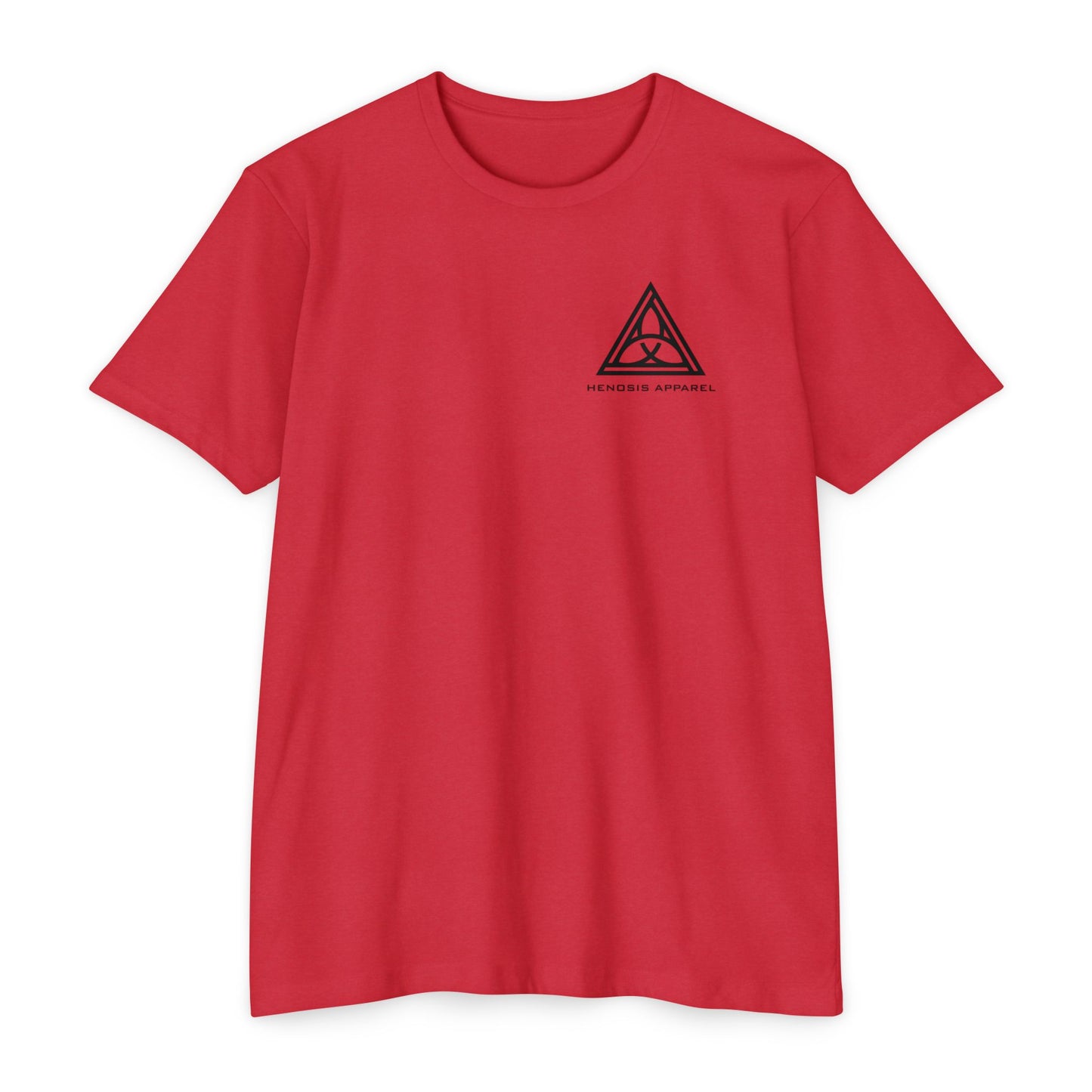 Red t-shirt with a black triangle logo on a white background - Henosis Apparel virtue-based clothing