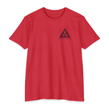 Red t-shirt with a black triangle logo on a white background - Henosis Apparel virtue-based clothing