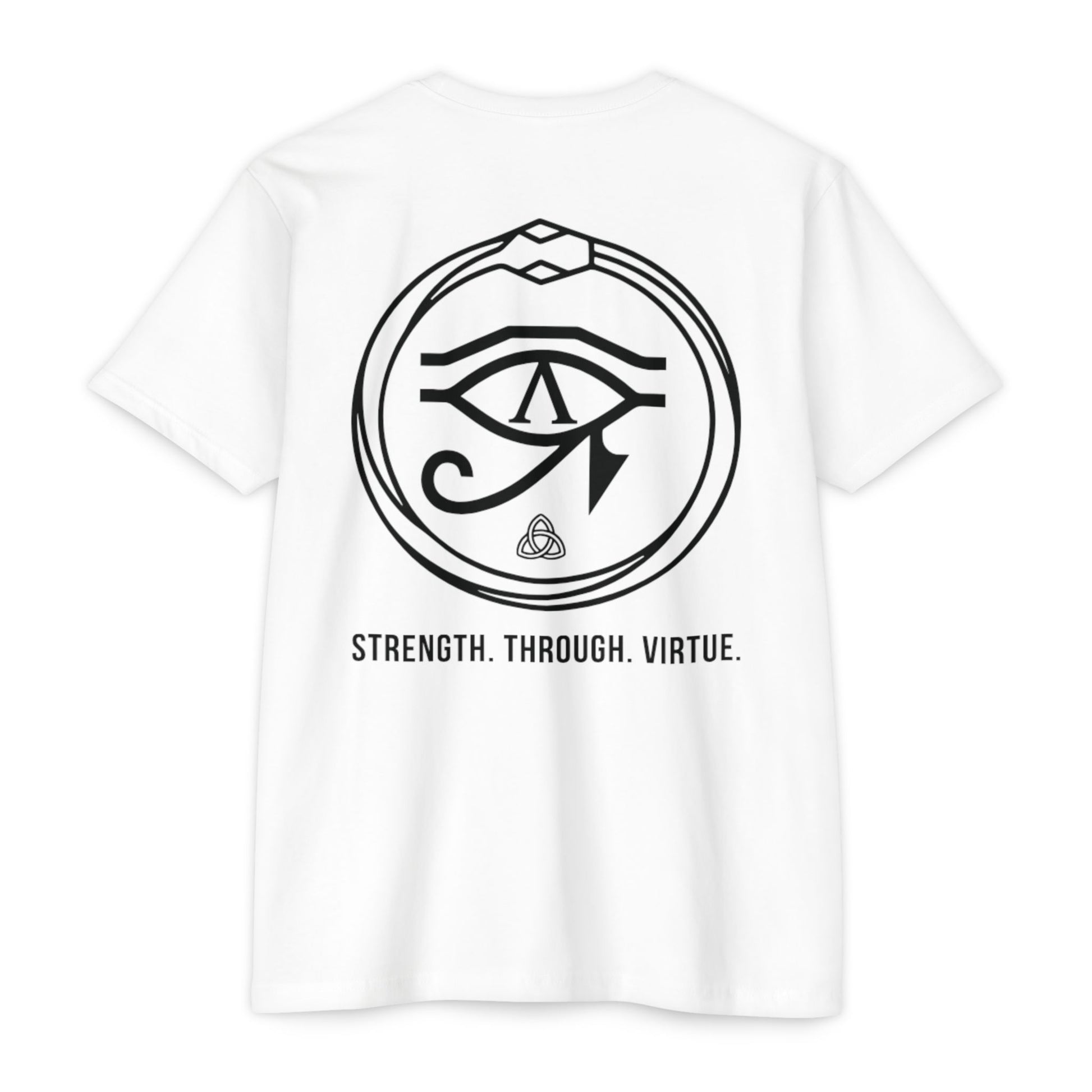 White t-shirt with black eye symbol and text 'Strength. Through. Virtue.' on a white background - Henosis Apparel virtue-based clothing