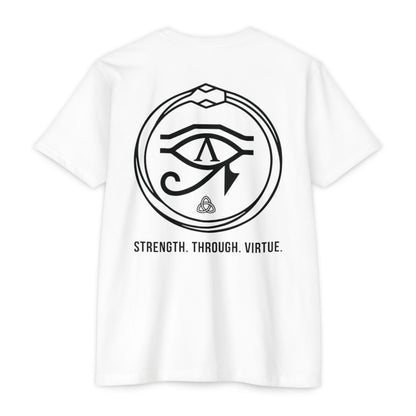 White t-shirt with black eye symbol and text 'Strength. Through. Virtue.' on a white background - Henosis Apparel virtue-based clothing